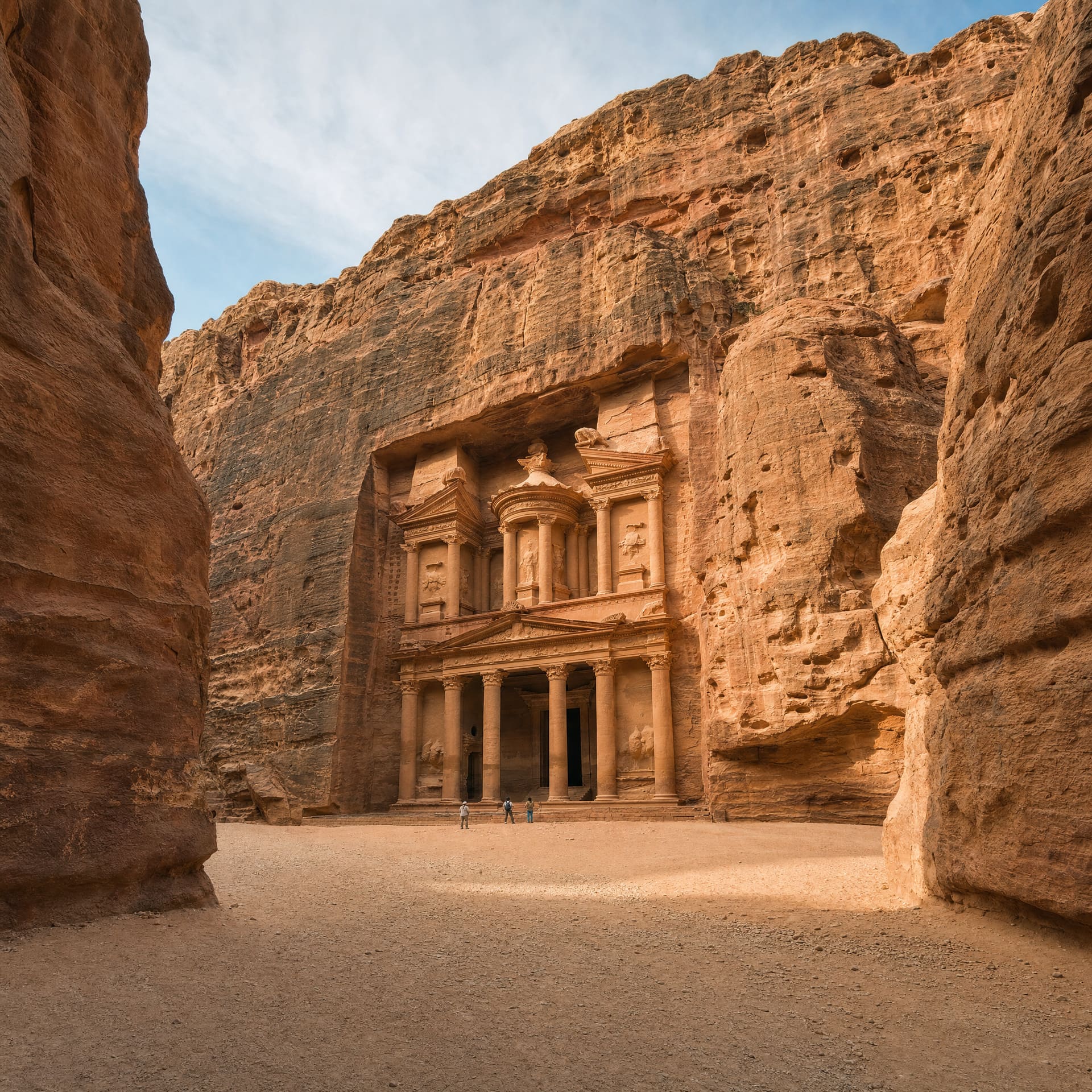 The Treasury facade carved into rose-colored rock at the end of the Siq in Petra, Jordan